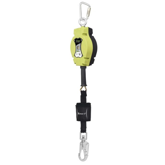 Samonavíjací zachytávač pádu Kratos Safety Helixon S - textilný - Dĺžka popruhu: 10 m, Typ popruhu: oceľové lanko, Typ spojky: hák s otočným závesom