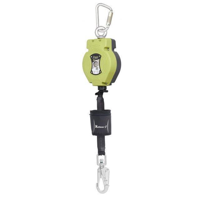 Samonavíjací zachytávač pádu Kratos Safety Helixon S - textilný - Dĺžka popruhu: 10 m, Typ popruhu: oceľové lanko, Typ spojky: hák s otočným závesom