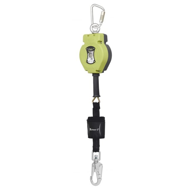 Samonavíjací zachytávač pádu Kratos Safety Helixon S - textilný - Dĺžka popruhu: 10 m, Typ popruhu: oceľové lanko, Typ spojky: hák s otočným závesom