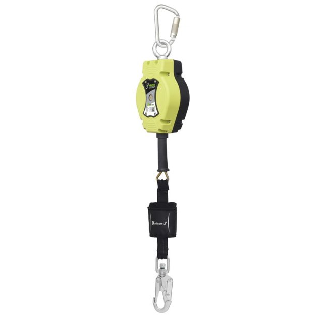 Samonavíjací zachytávač pádu Kratos Safety Helixon S - textilný - Dĺžka popruhu: 10 m, Typ popruhu: oceľové lanko, Typ spojky: hák s otočným závesom