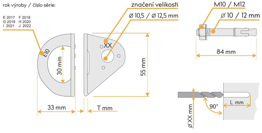 Kotviace plakety Singing Rock rozmery